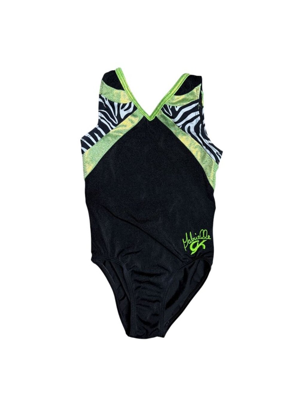 Gabby Douglas GK ELITE Gymnastics Leotard Black Green Zebra Size CM Child Medium